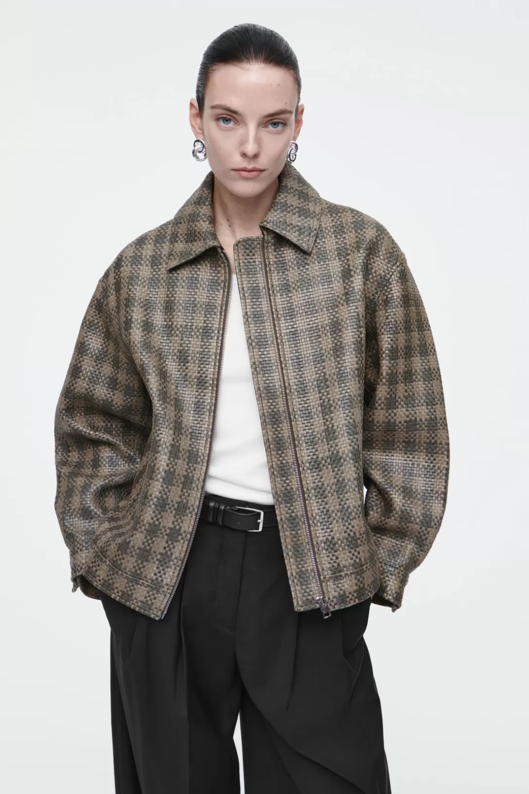 CHECKED WOVEN LEATHER JACKET<COS Flash Sale